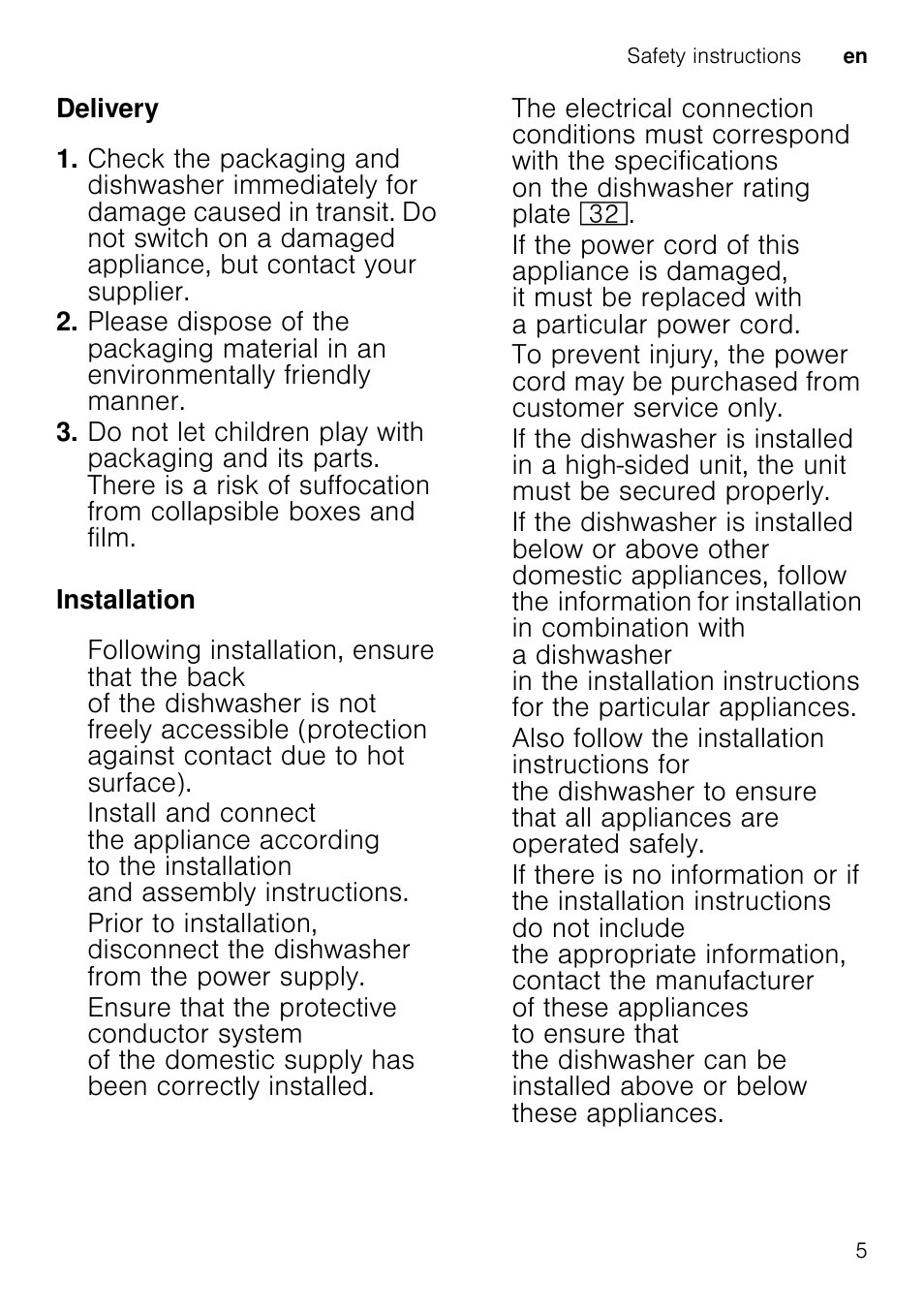 Disposal, M warning, Risk of injury | Do not lean or sit on the open door, Risk of explosion, Risk of scalding, Risks to children | Neff S41E50W0GB User Manual | Page 5 / 40