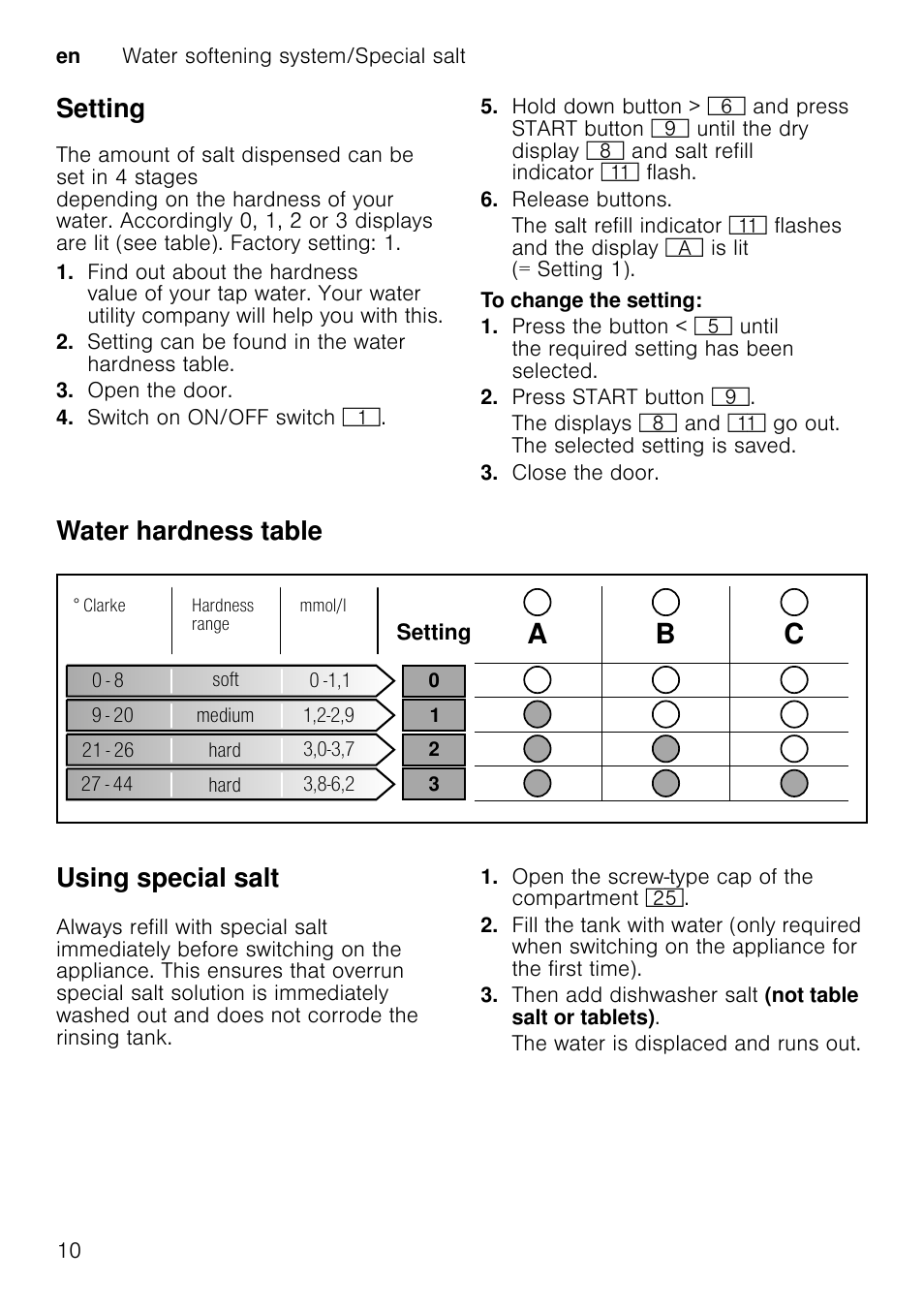 Close cover until it clicks shut, Setting amount of rinse aid, Factory setting: 2 | Open the door, Switch on on/off switch, Release buttons, To change the setting, Press start button h, Close the door, Switching off rinse-aid refill indicator | Neff S51E50X1GB User Manual | Page 10 / 40