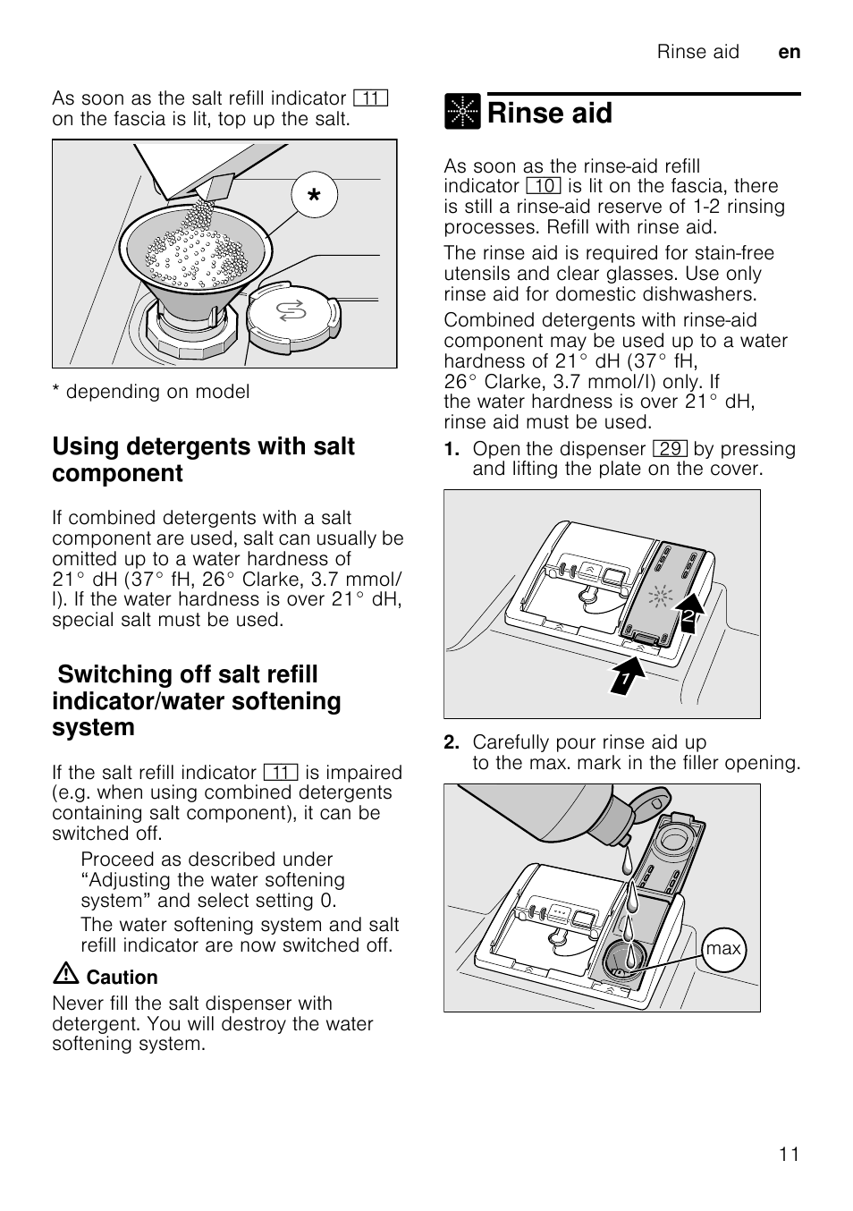 Recommendation, Loading the dishwasher, Place the utensils so that | Unloading the dishwasher, Note, Cups and glasses, Top basket 1, Rinse aid, Using detergents with salt component | Neff S51E50X1GB User Manual | Page 11 / 40