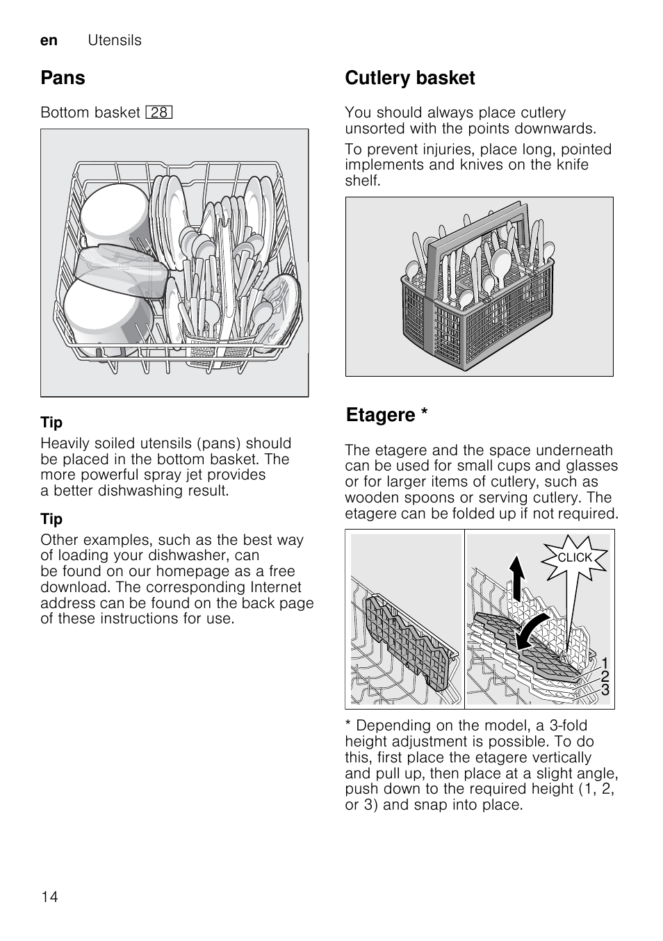 Top basket with side levers, Pull out the top basket 1" out, Top basket with upper and lower roller pairs | Detergent, Note, M warning, Pans, Cutlery basket, Etagere | Neff S51E50X1GB User Manual | Page 14 / 40