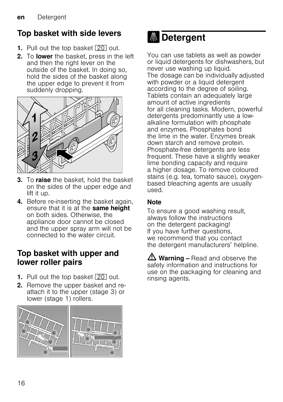 Notes, Detergent, Top basket with side levers | Top basket with upper and lower roller pairs, En detergent 16 | Neff S51E50X1GB User Manual | Page 16 / 40