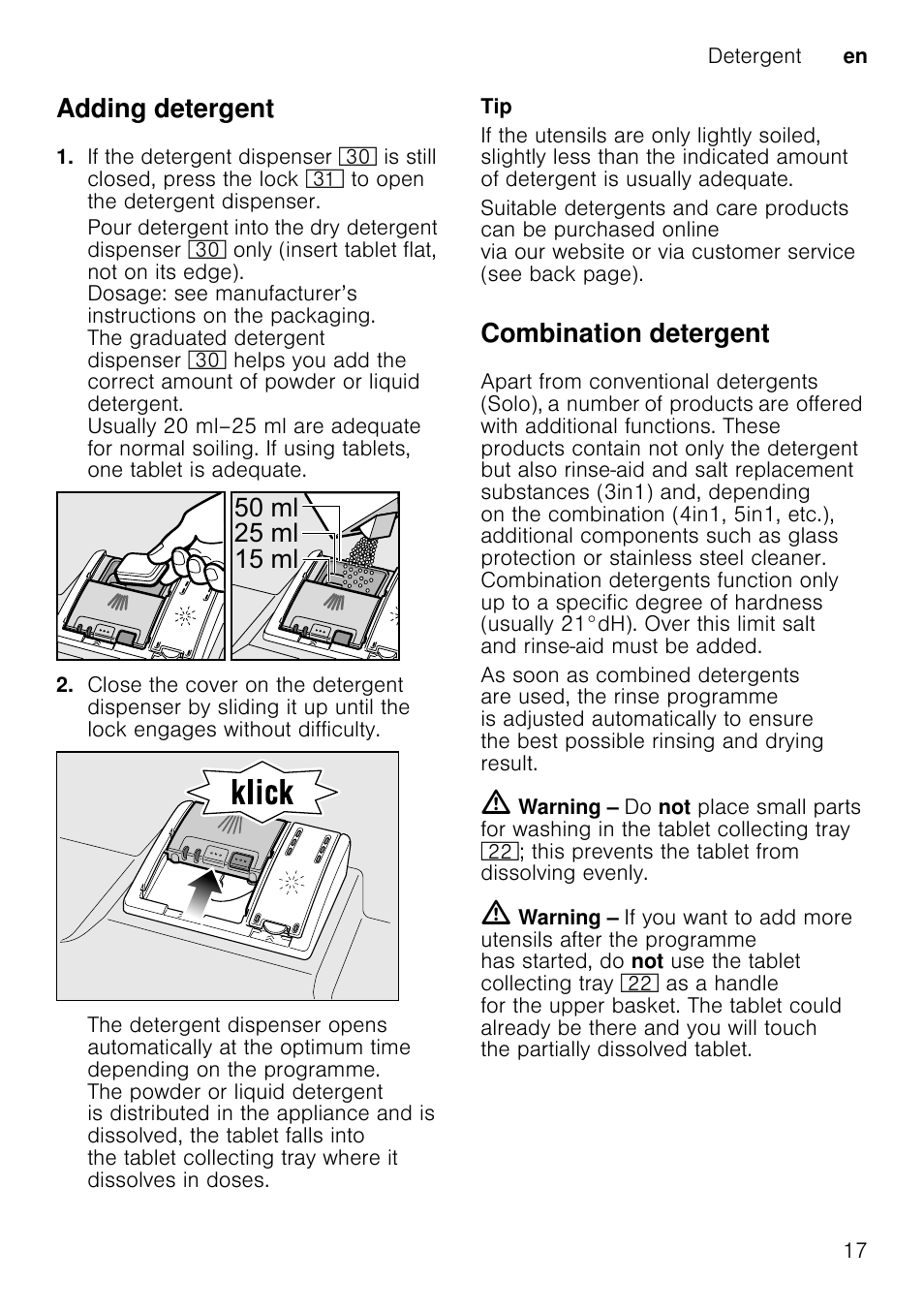 Overview of programmes, Type of utensils, Type of soiling | Programme, Possible additional options, Programme sequence, Adding detergent, Combination detergent, Po po po | Neff S51E50X1GB User Manual | Page 17 / 40