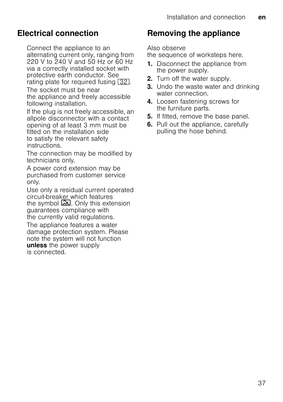 Electrical connection, Removing the appliance | Neff S51E50X1GB User Manual | Page 37 / 40