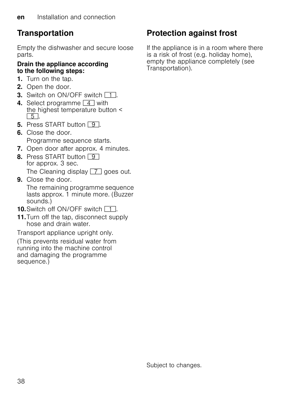 Transportation, Protection against frost | Neff S51E50X1GB User Manual | Page 38 / 40