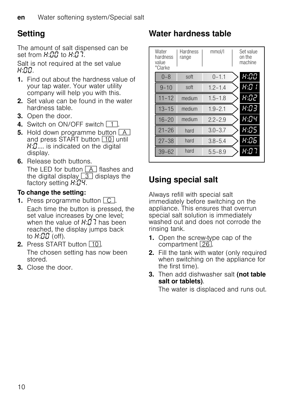 Close cover until it clicks shut, Setting amount of rinse aid, Open the door | Switch on on/off switch, Release both buttons, To change the setting, Press programme button 3, Press start button ), Close the door, Switching off rinse aid refill indicator | Neff S72T69X3GB User Manual | Page 10 / 40
