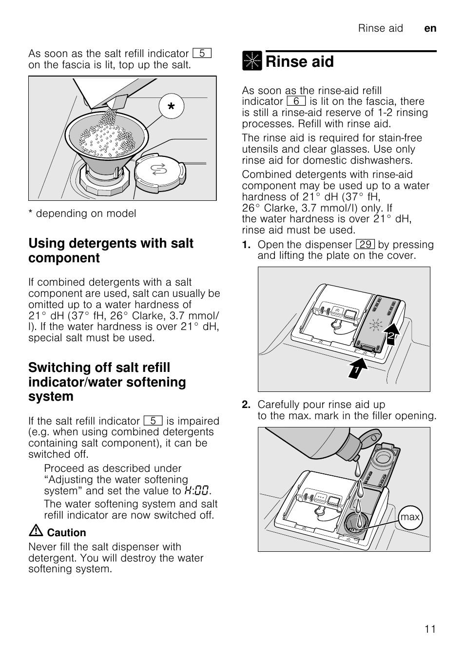 Loading the dishwasher, Place the utensils so that, Unloading the dishwasher | Note, Cups and glasses, Pans, Rinse aid, Using detergents with salt component | Neff S72T69X3GB User Manual | Page 11 / 40