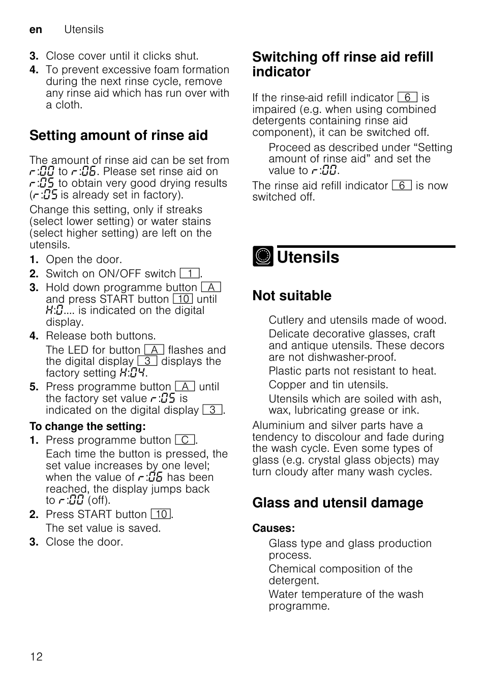 Cutlery drawer, Folding spikesfolding spikes, Utensils | Setting amount of rinse aid, Switching off rinse aid refill indicator, Not suitable, Glass and utensil damage | Neff S72T69X3GB User Manual | Page 12 / 40