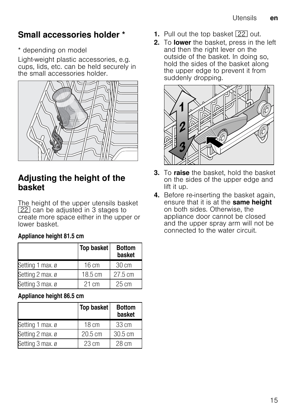 Combination detergent, M warning, Notes | Small accessories holder, Adjusting the height of the basket | Neff S72T69X3GB User Manual | Page 15 / 40