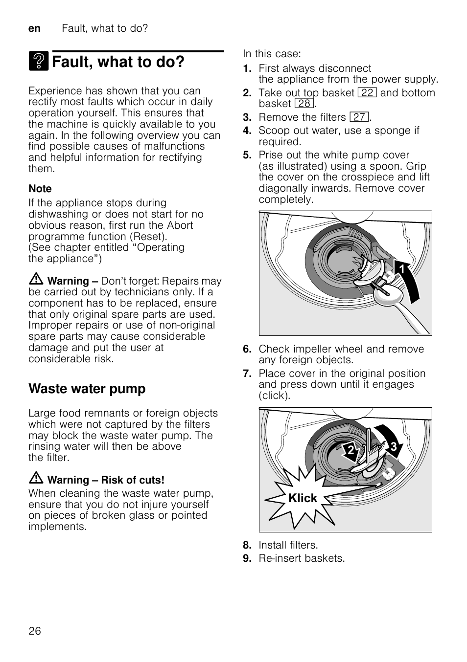 Fault, what to do, Waste water pump, Olfn | En fault, what to do? 26 | Neff S72T69X3GB User Manual | Page 26 / 40