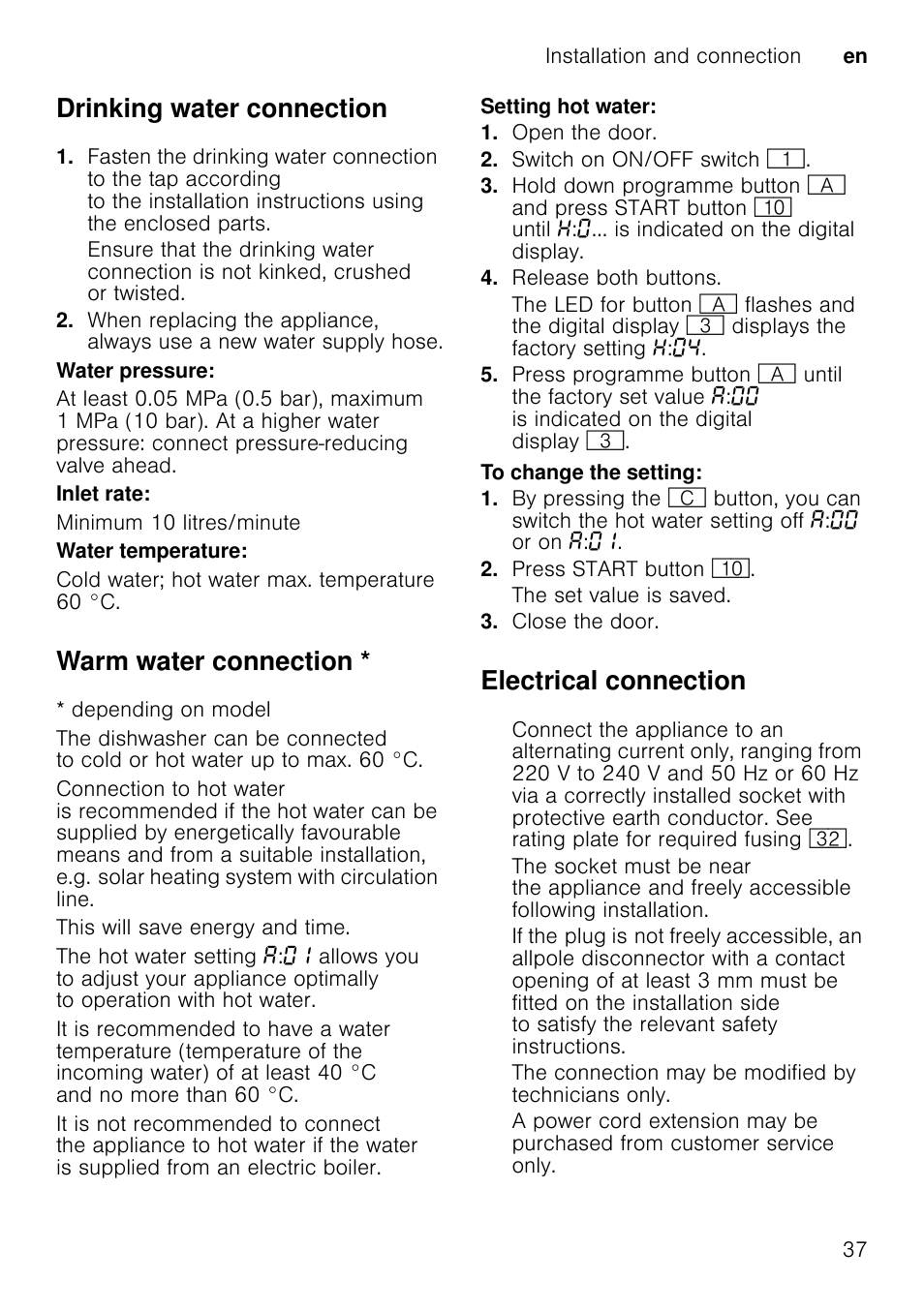 Drinking water connection, Warm water connection, Electrical connection | Neff S72T69X3GB User Manual | Page 37 / 40