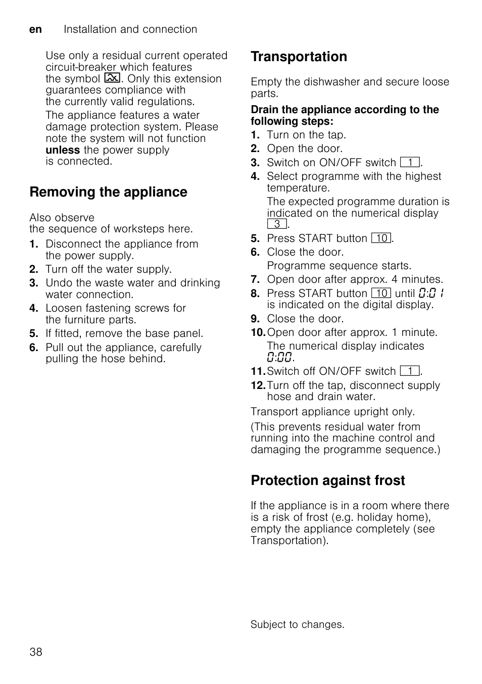 Removing the appliance, Transportation, Protection against frost | Neff S72T69X3GB User Manual | Page 38 / 40