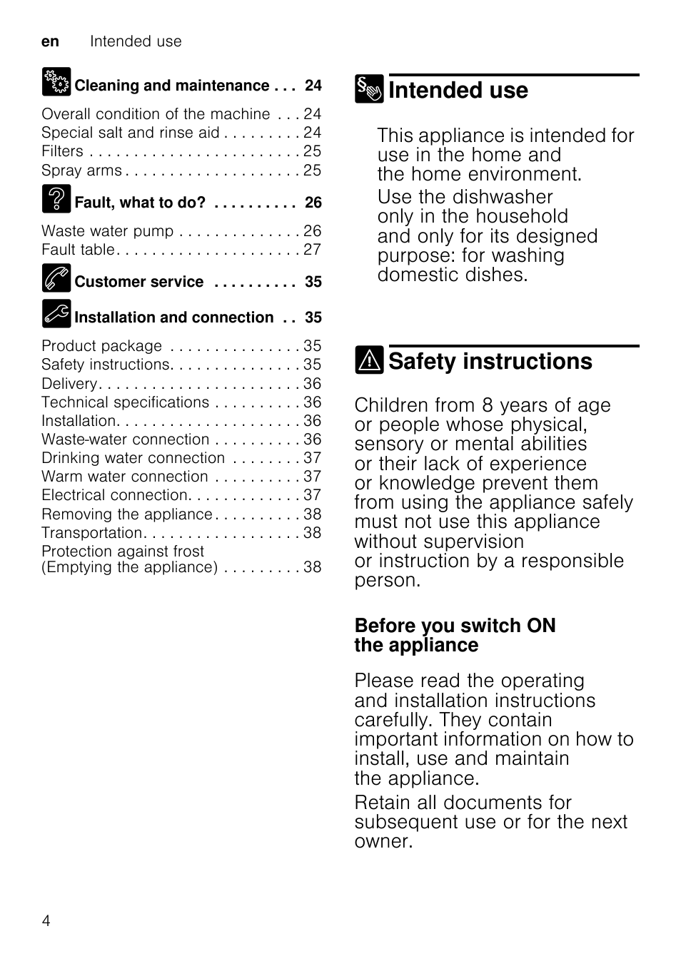 In daily use, Childproof lock (door lock)door lock, Damage | Disposal, Intended use, Safety instructions, En intended use 4, Fault, what to do ? waste water pum p fault table, Customer service | Neff S72T69X3GB User Manual | Page 4 / 40