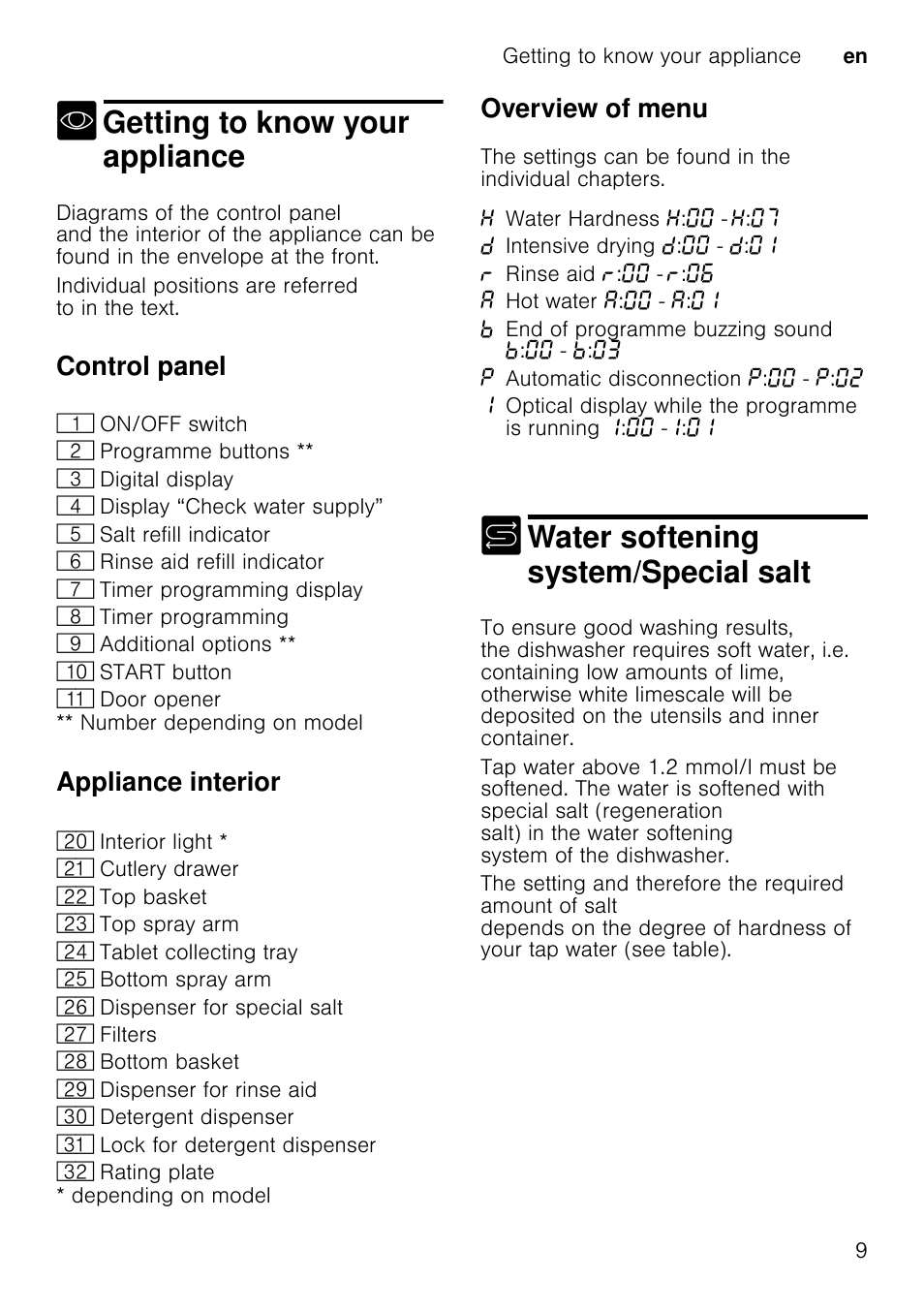M caution, Rinse aid, Getting to know your appliance | Water softening system/special salt, Control panel, Appliance interior, Overview of menu, Getting to know your appliance en 9, Number depending on model, Depending on model | Neff S72T69X3GB User Manual | Page 9 / 40