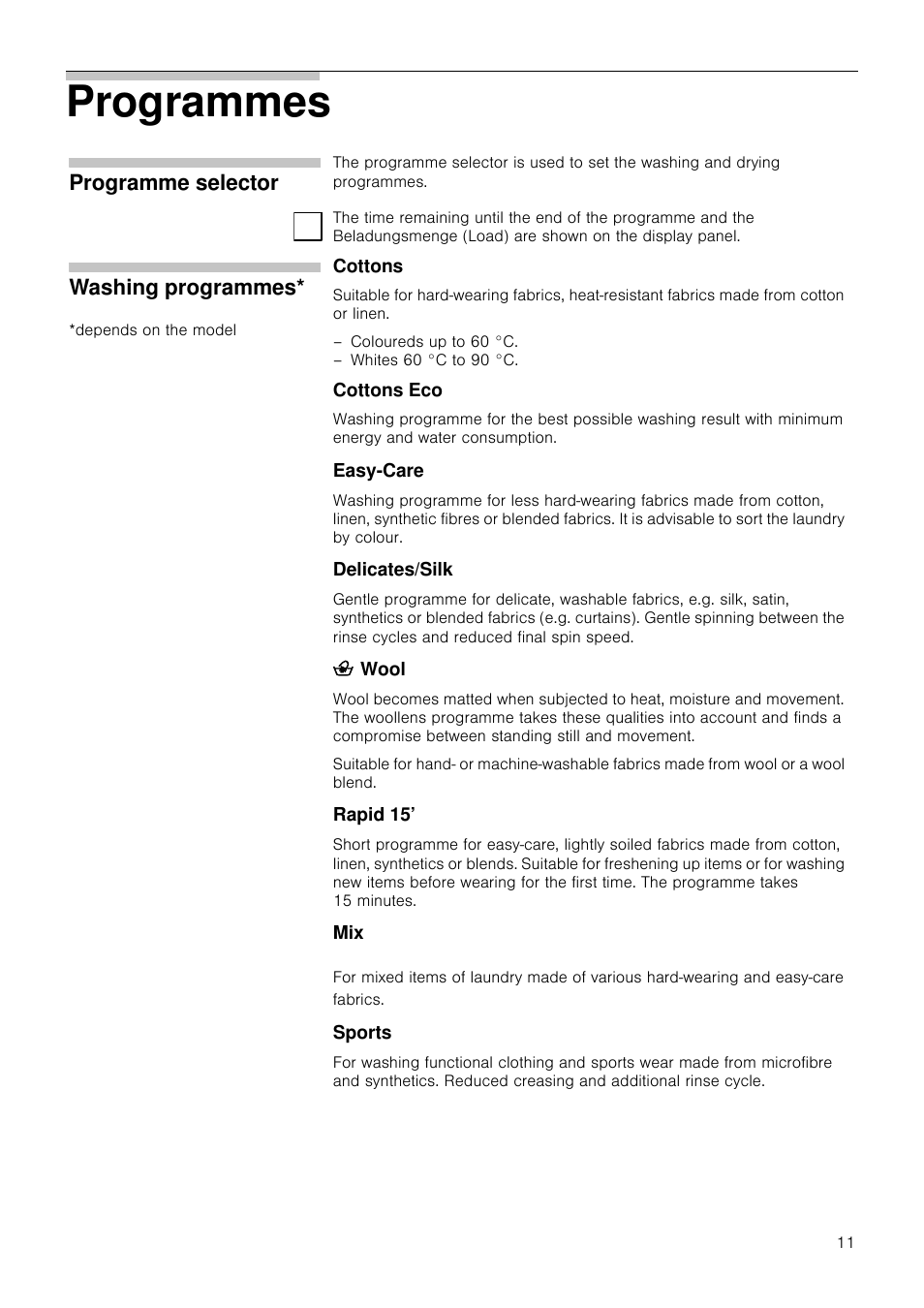 Programmes, Programme selector, Washing programmes | Neff V6540X0GB User Manual | Page 11 / 32