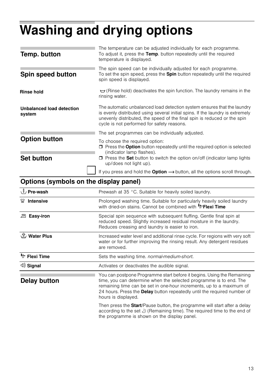 Washing and drying options, Temp. button, Spin speed button | Option button, Set button, Delay button, Option button set button, Options (symbols on the display panel) | Neff V6540X0GB User Manual | Page 13 / 32