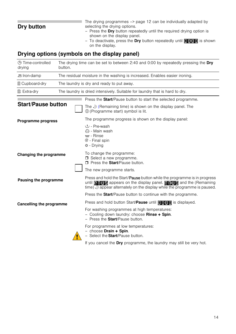 Dry button, Start/pause button, Drying options (symbols on the display panel) | Neff V6540X0GB User Manual | Page 14 / 32