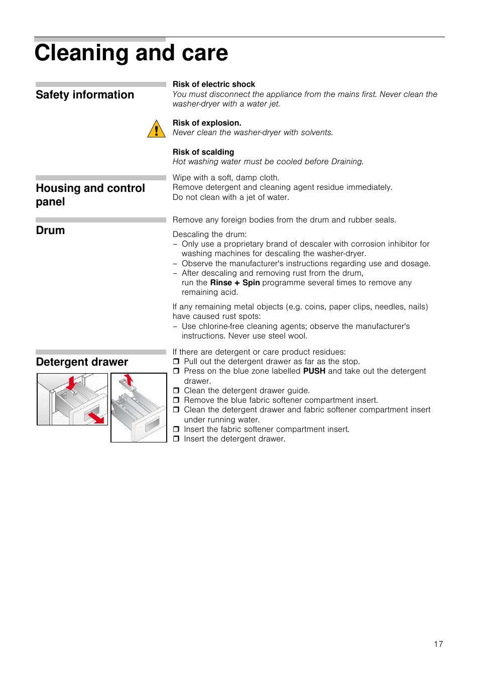 Cleaning and care, Safety information, Housing and control panel | Drum, Detergent drawer | Neff V6540X0GB User Manual | Page 17 / 32