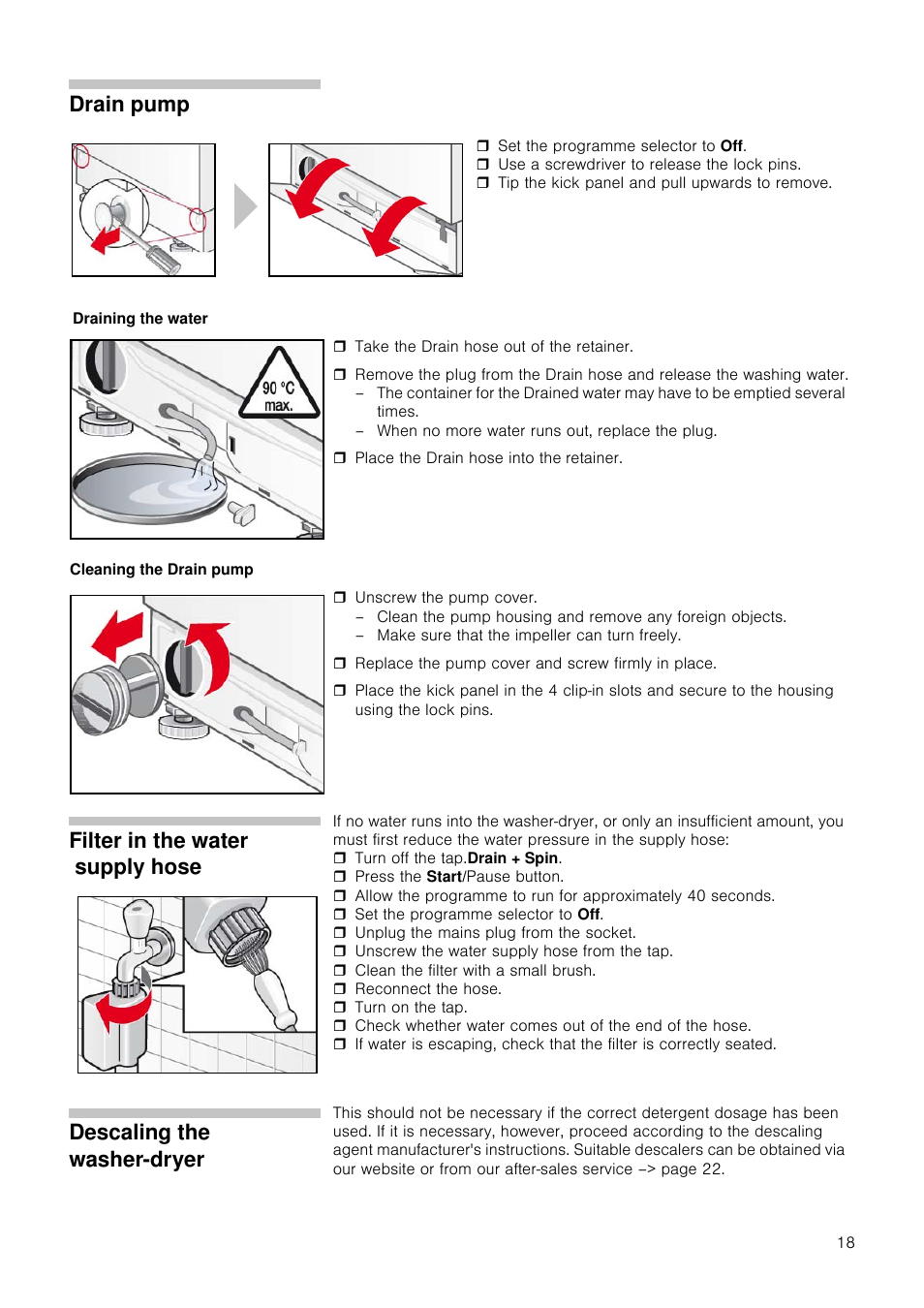 Drain pump, Filter in the water supply hose, Descaling the washer-dryer | Neff V6540X0GB User Manual | Page 18 / 32