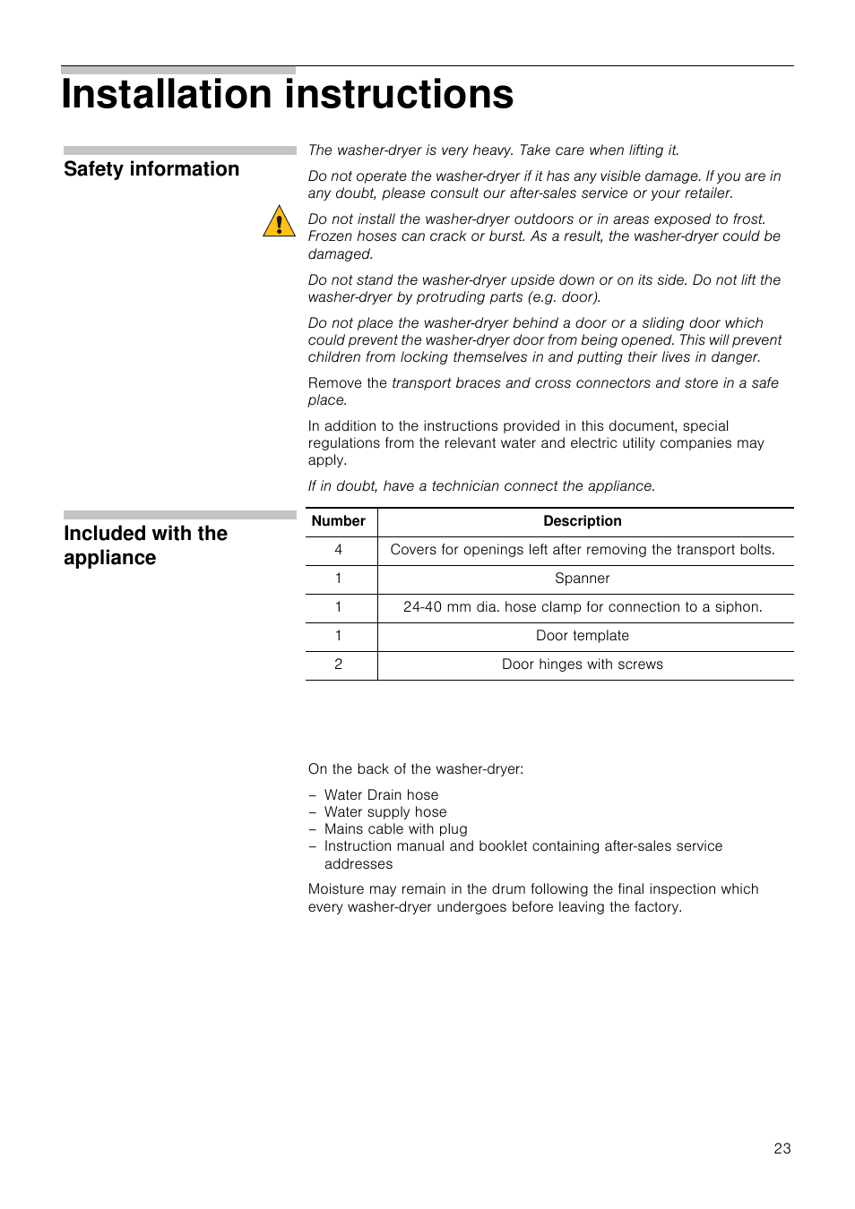 Installation instructions, Safety information, Included with the appliance | Cont | Neff V6540X0GB User Manual | Page 23 / 32