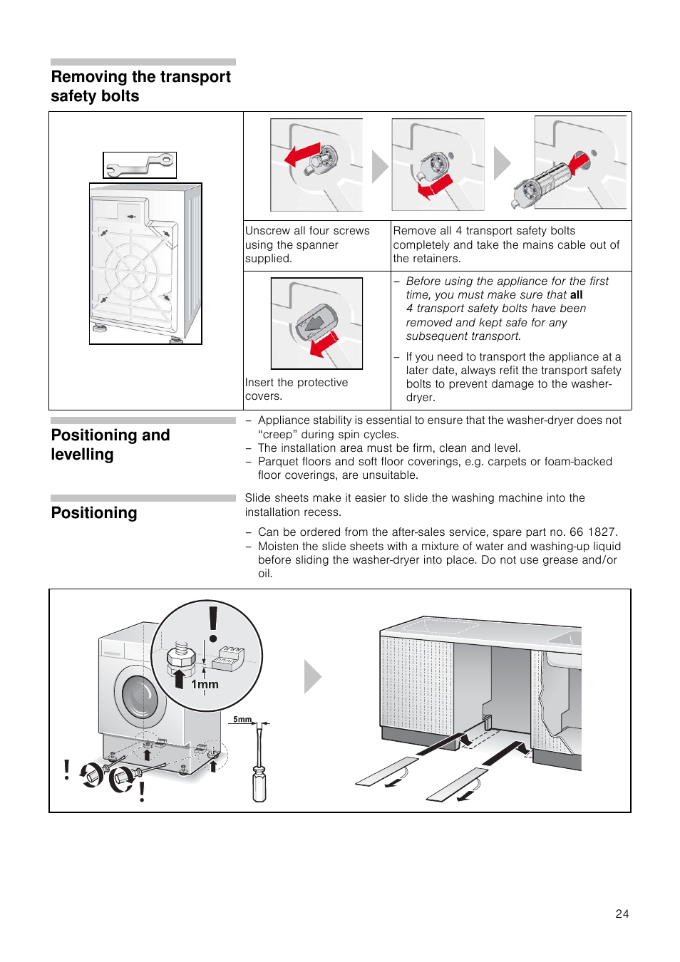 Removing the transport safety bolts, Positioning and levelling, Positioning | Neff V6540X0GB User Manual | Page 24 / 32