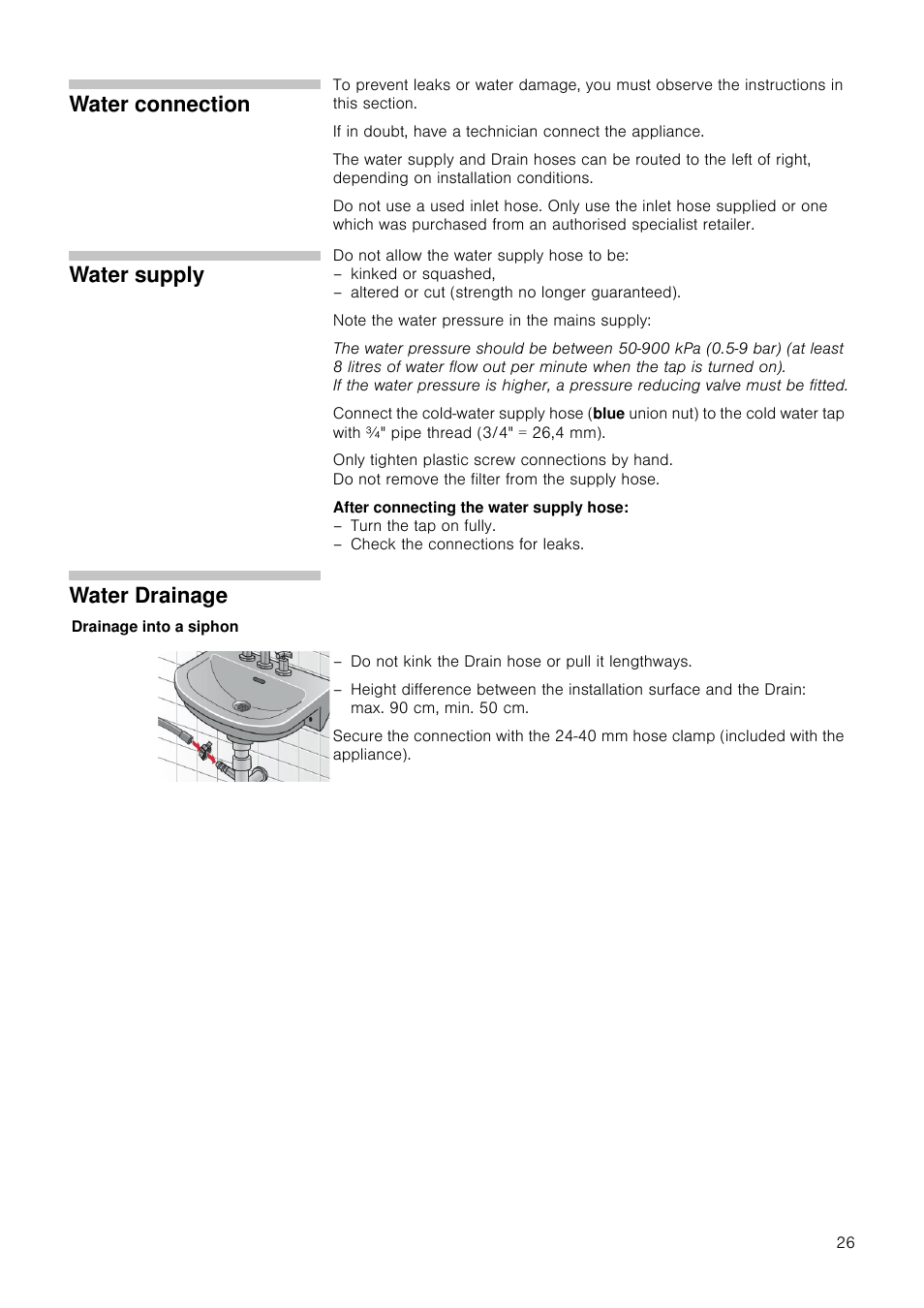 Water connection, Water supply, Water drainage | Neff V6540X0GB User Manual | Page 26 / 32