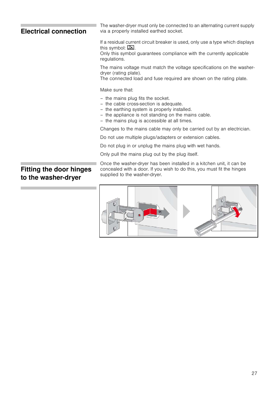 Electrical connection, Fitting the door hinges to the washer-dryer | Neff V6540X0GB User Manual | Page 27 / 32