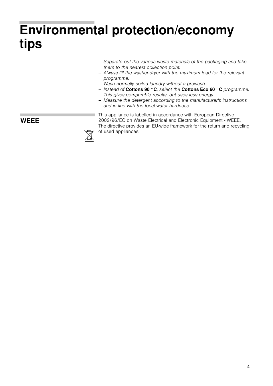 Environmental protection/economy tips, Weee | Neff V6540X0GB User Manual | Page 4 / 32