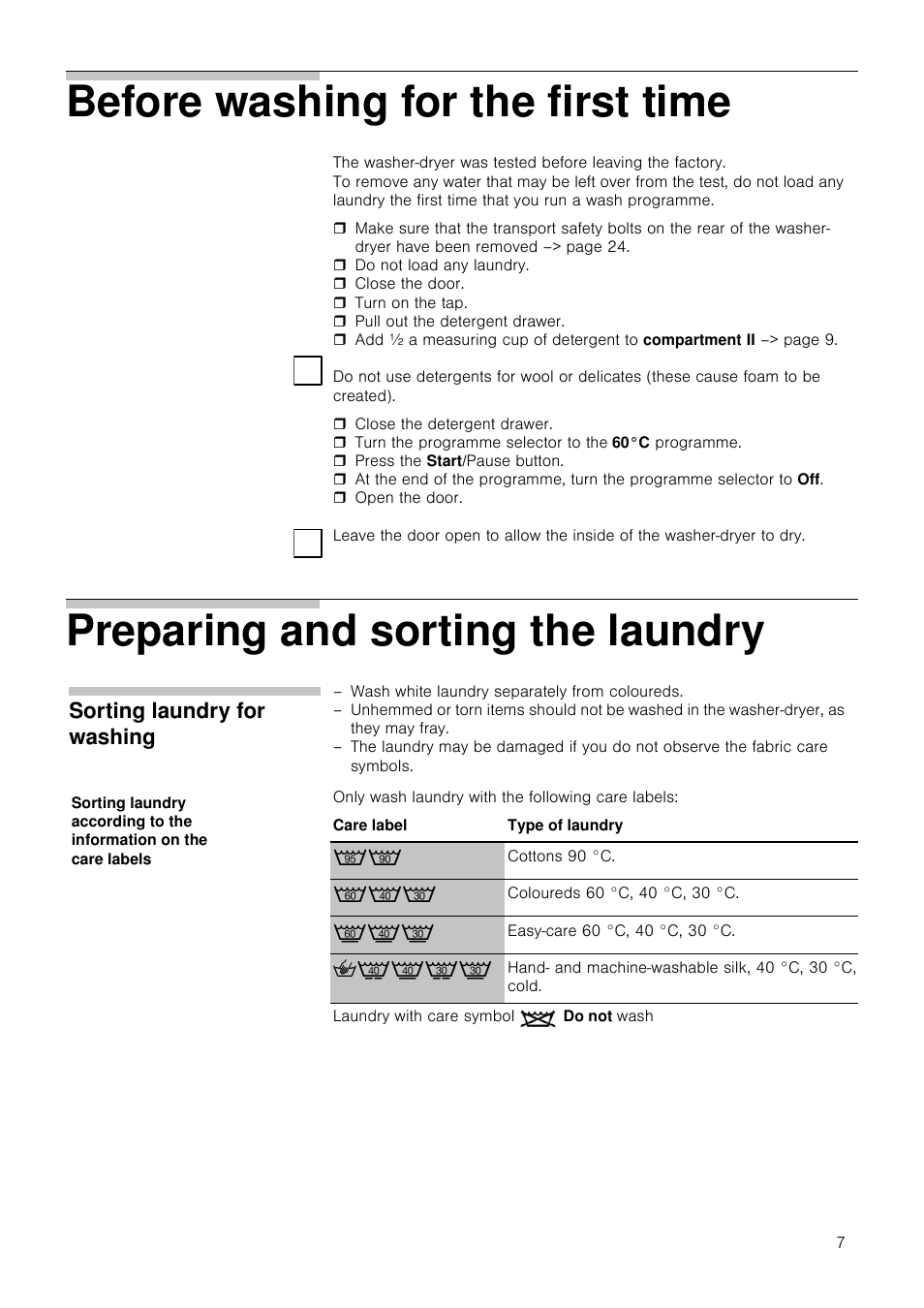 Before washing for the first time, Preparing and sorting the laundry, Sorting laundry for washing | Neff V6540X0GB User Manual | Page 7 / 32