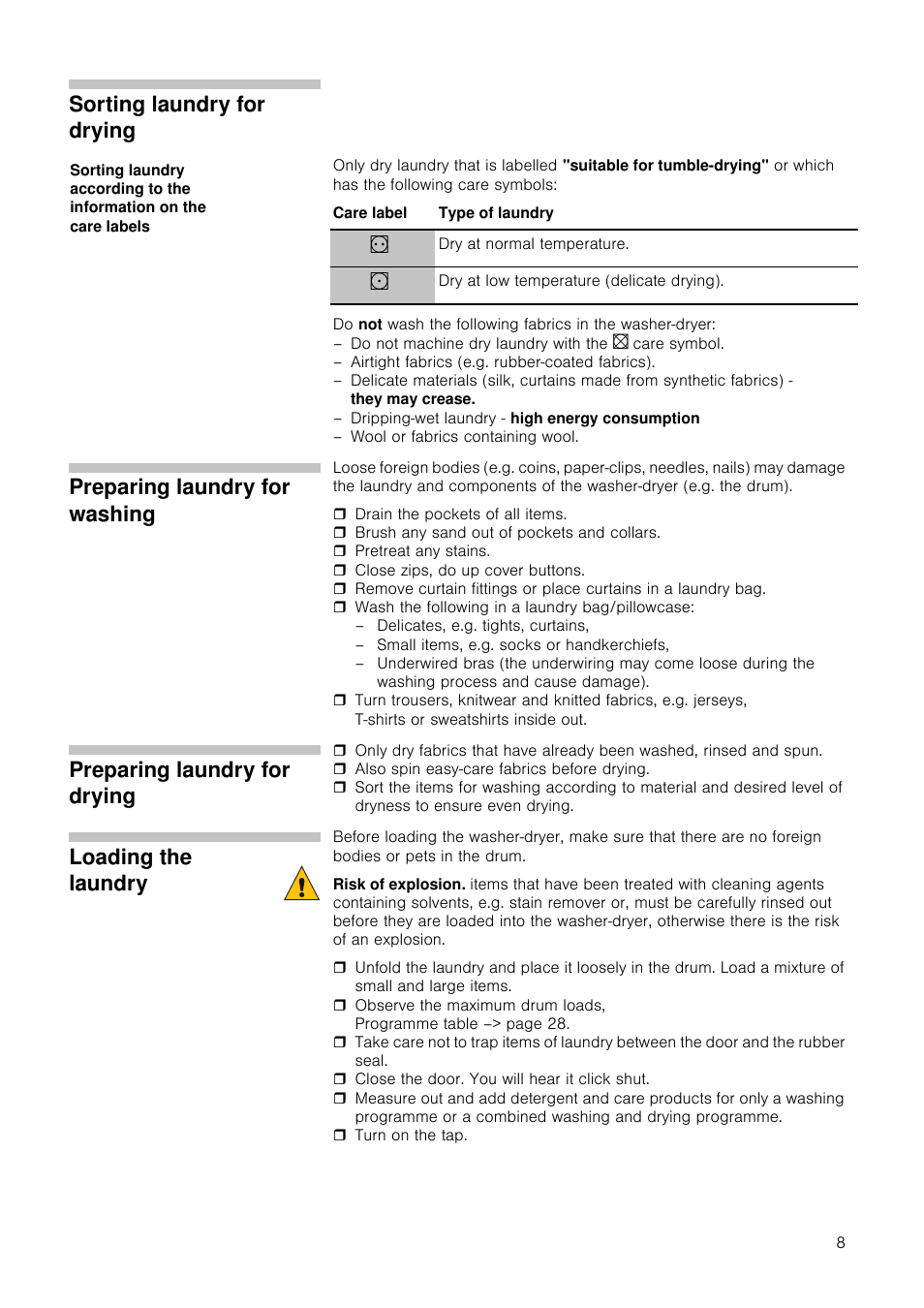 Sorting laundry for drying, Preparing laundry for washing, Preparing laundry for drying | Loading the laundry | Neff V6540X0GB User Manual | Page 8 / 32