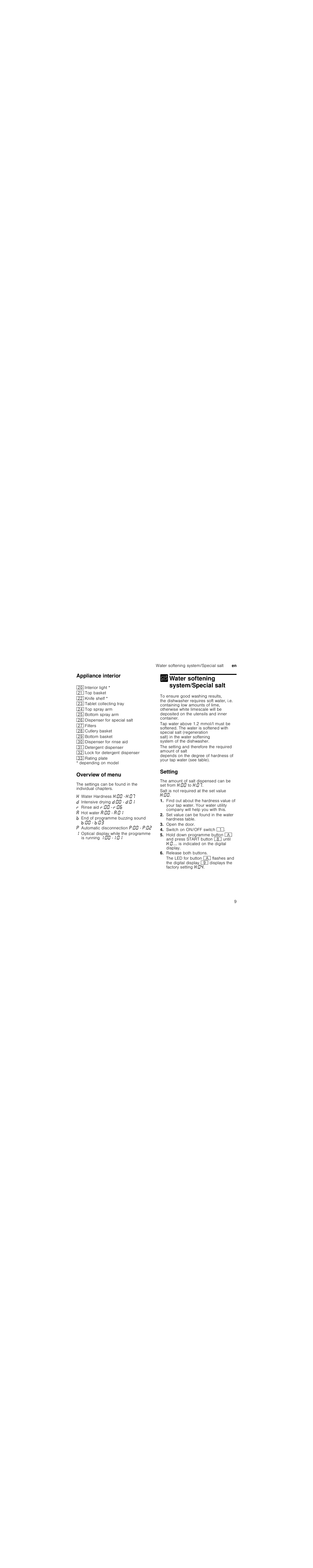 M caution, Rinse aid, Close cover until it clicks shut | Setting amount of rinse aid, Water softening system/special salt, Appliance interior, Overview of menu, Setting, Water softening system/special salt en 9, Depending on model | Neff S71M63X2GB User Manual | Page 9 / 42