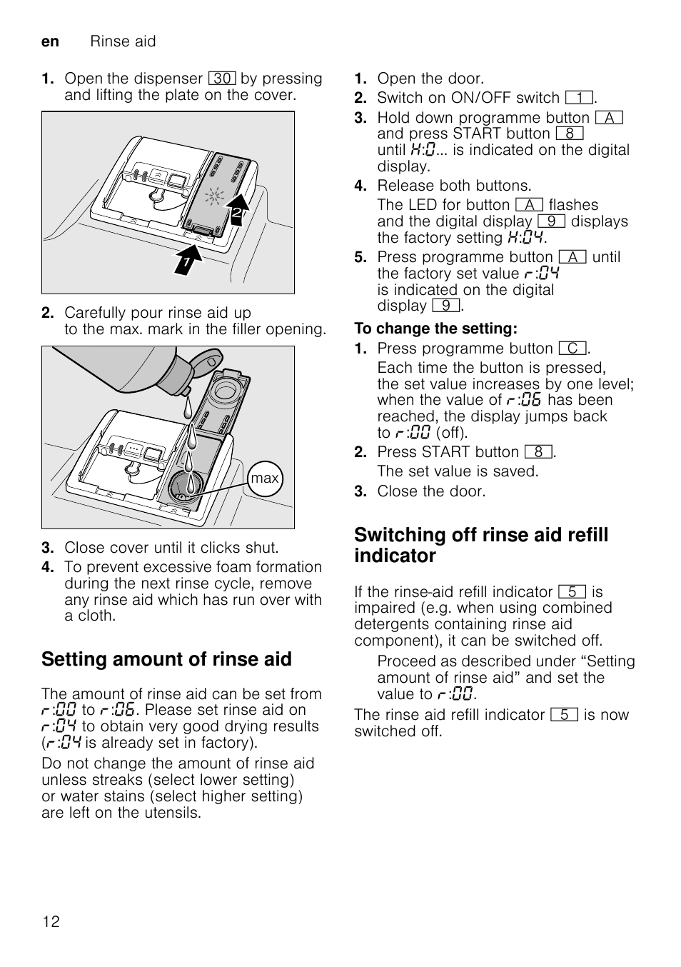 Cups and glasses, Pans, Cutlery basket | Folding spikesfolding spikes, Setting amount of rinse aid, Switching off rinse aid refill indicator | Neff S58M40X0GB User Manual | Page 12 / 42