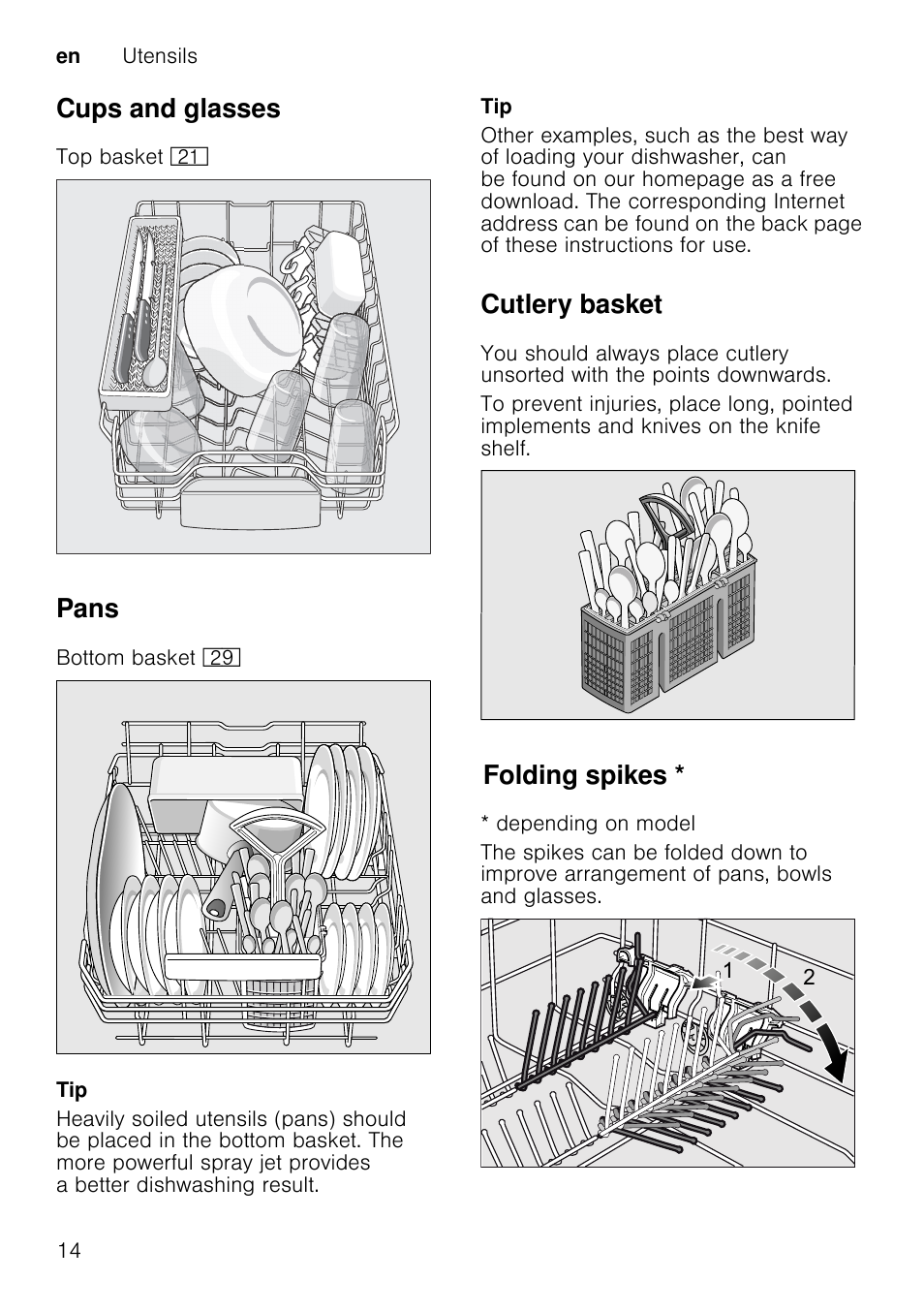 Top basket with upper and lower roller pairs, Pull out the top basket 1* out, Detergent | Note, M warning, Adding detergent, Cups and glasses, Pans, Cutlery basket, Folding spikes | Neff S58M40X0GB User Manual | Page 14 / 42