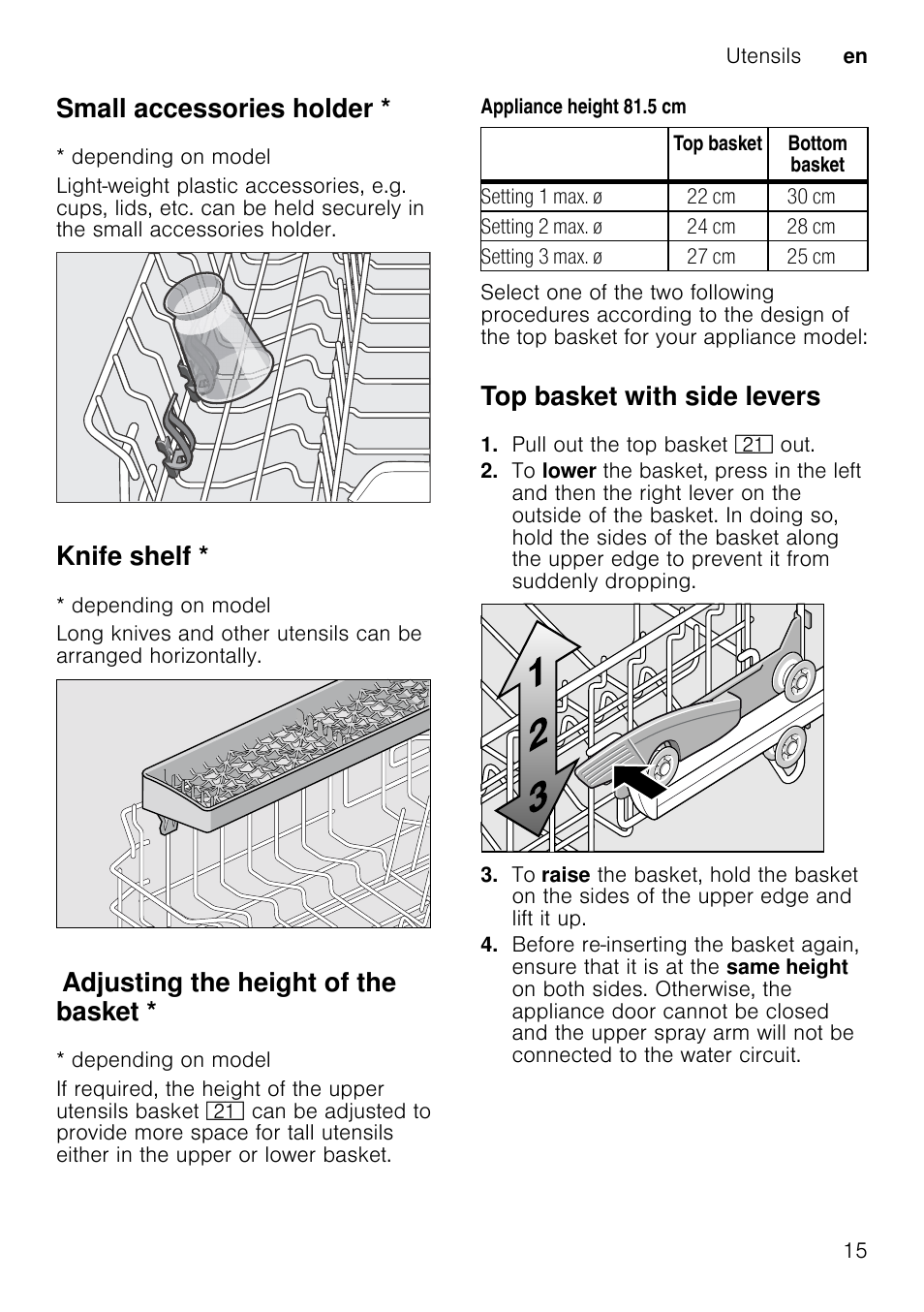 Combination detergent, M warning, Small accessories holder | Knife shelf, Adjusting the height of the basket, Top basket with side levers | Neff S58M40X0GB User Manual | Page 15 / 42