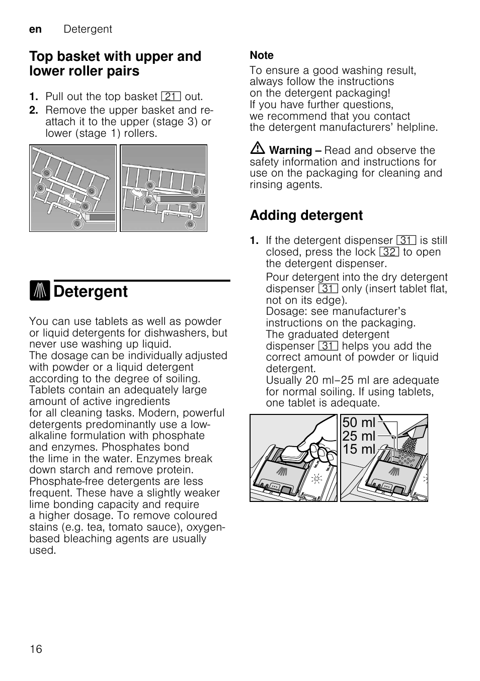 Notes, Detergent, Top basket with upper and lower roller pairs | Adding detergent, Po po po | Neff S58M40X0GB User Manual | Page 16 / 42