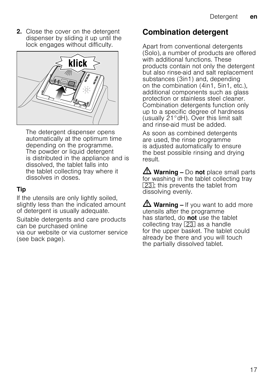 Overview of programmes, Type of utensils, Type of soiling | Programme, Possible additional options, Programme sequence, Combination detergent | Neff S58M40X0GB User Manual | Page 17 / 42