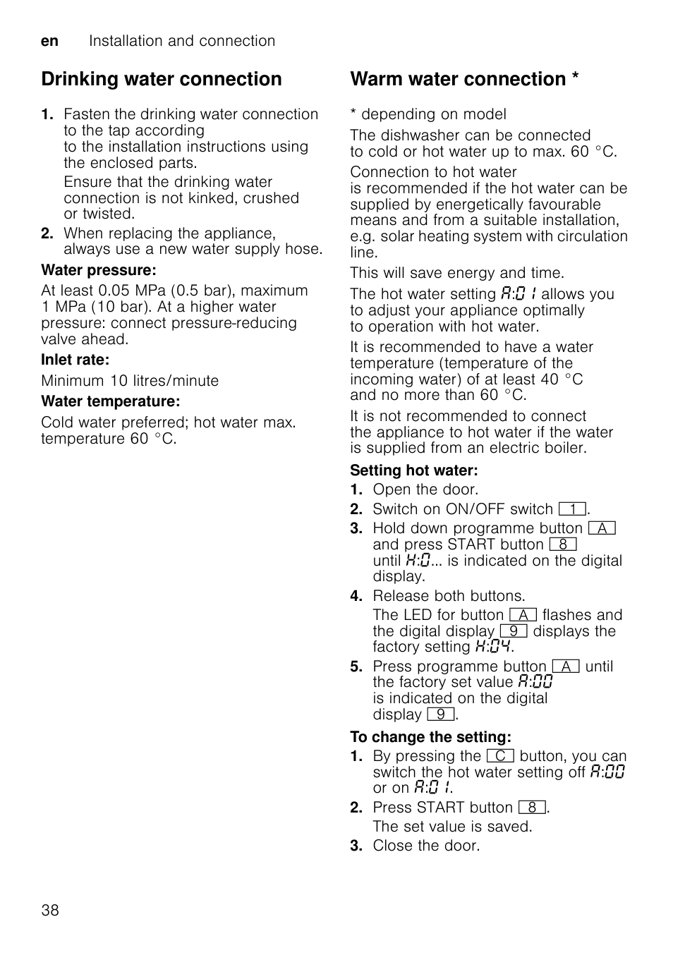 Transportation, Turn on the tap, Open the door | Switch on on/off switch, Select programme with the highest temperature, Press start button, Close the door, Open door after approx. 4 minutes, Open door after approx. 1 minute, Switch off on/off switch | Neff S58M40X0GB User Manual | Page 38 / 42