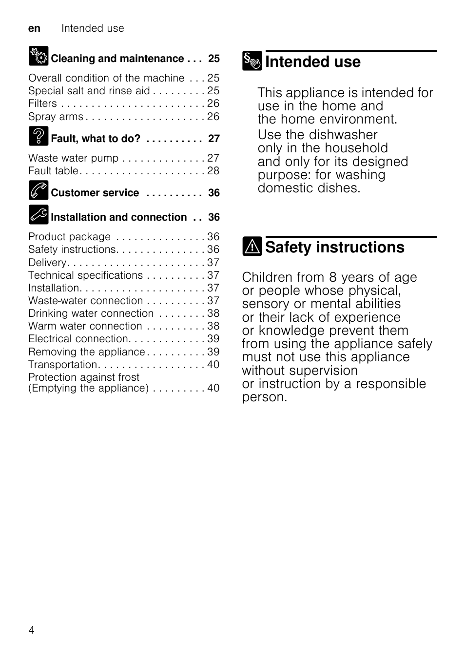 In daily use, Childproof lock (door lock)door lock, Damage | Intended use, Safety instructions, En intended use 4, Fault, what to do ? waste water pum p fault table, Customer service | Neff S58M40X0GB User Manual | Page 4 / 42