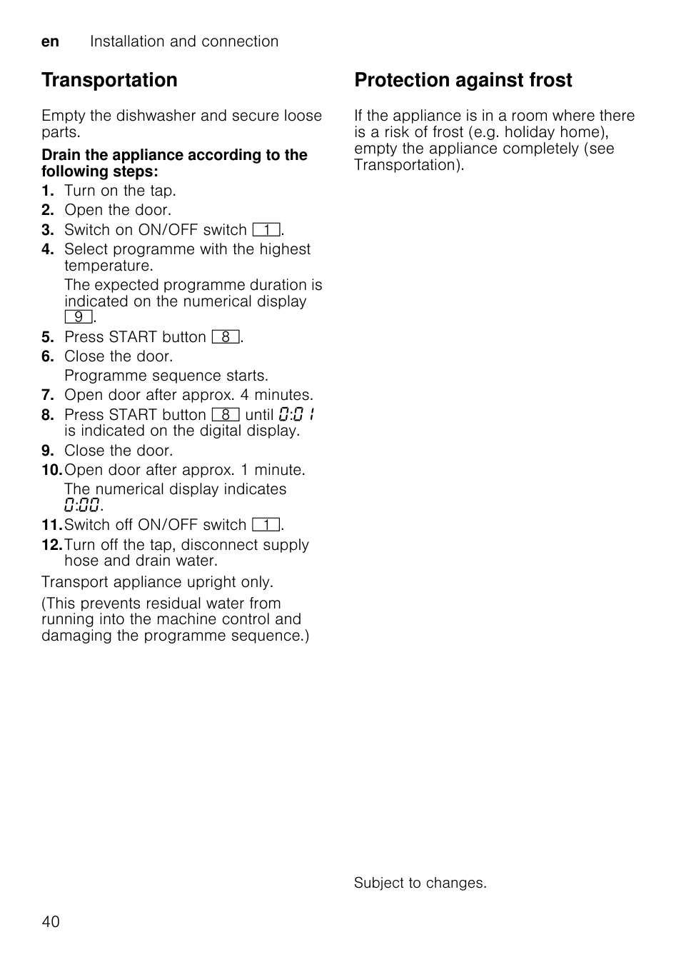 Transportation, Protection against frost | Neff S58M40X0GB User Manual | Page 40 / 42