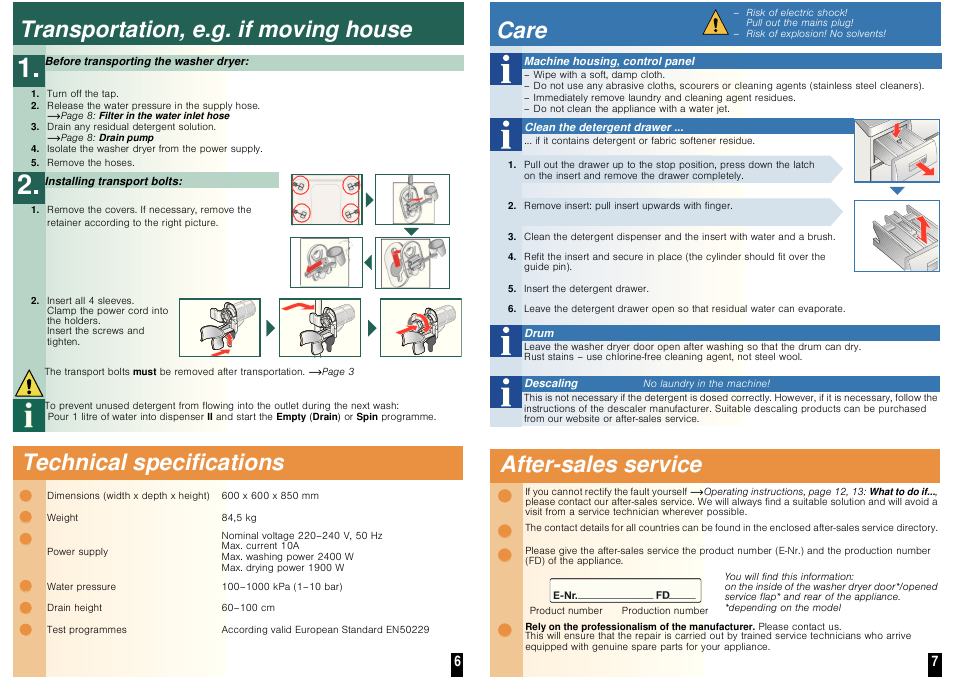 Transportation, e.g. if moving house, Technical specifications, Care | After-sales service ʑ | Neff V7446X0GB User Manual | Page 6 / 8