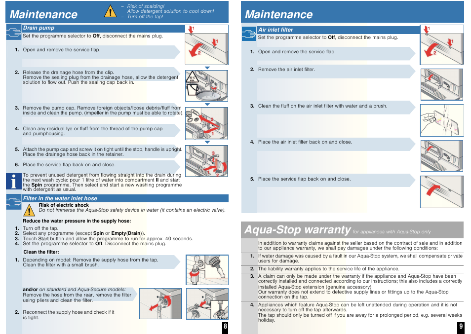 Maintenance, Aqua-stop warranty | Neff V7446X0GB User Manual | Page 7 / 8