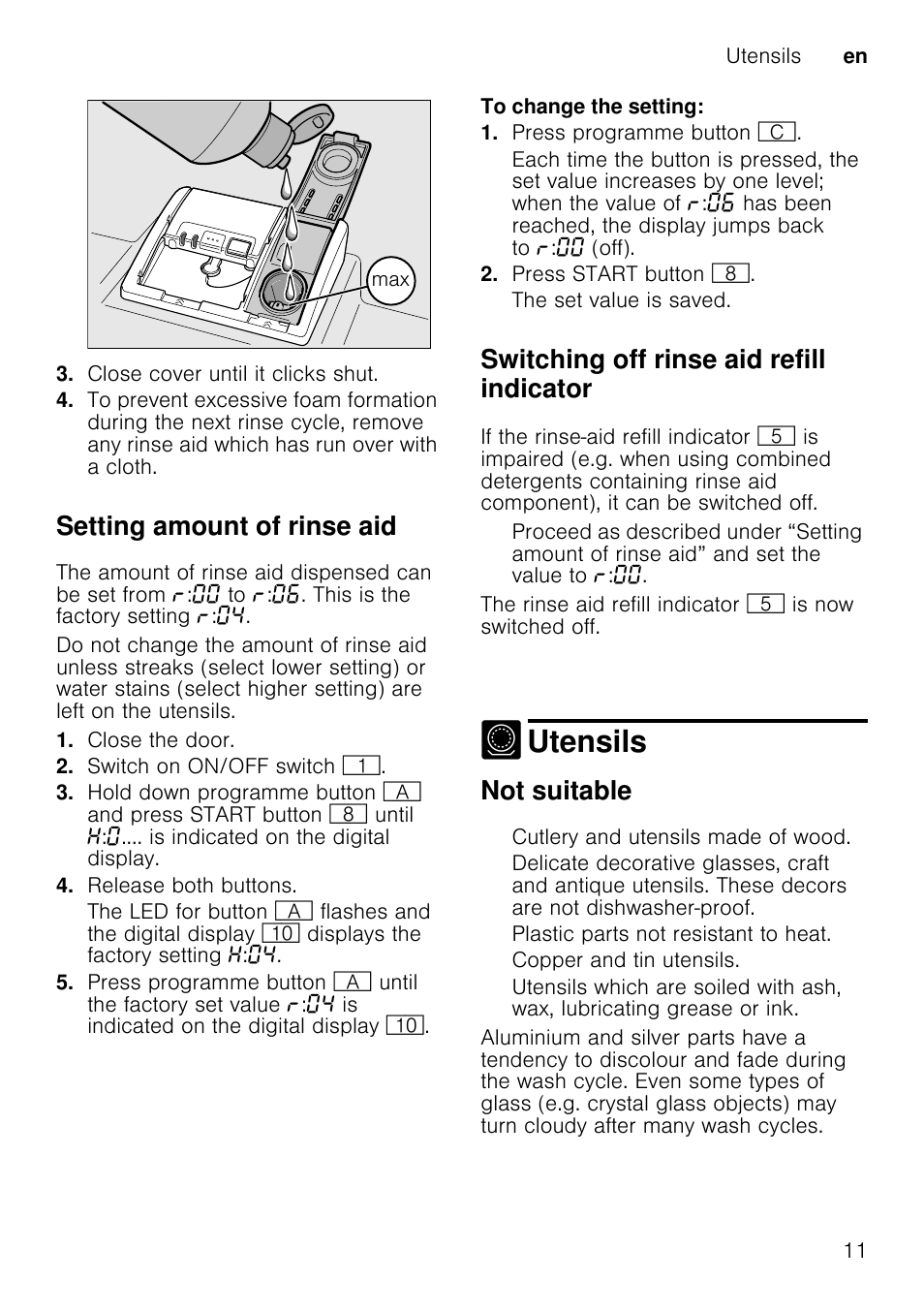 Folding spikesfolding spikes, Depending on model, Height of utensils | The maximum height of the utensils is 28 cm, Detergent, Note, M warning, Adding detergent, Utensils, Setting amount of rinse aid | Neff S65M63N1GB User Manual | Page 11 / 35