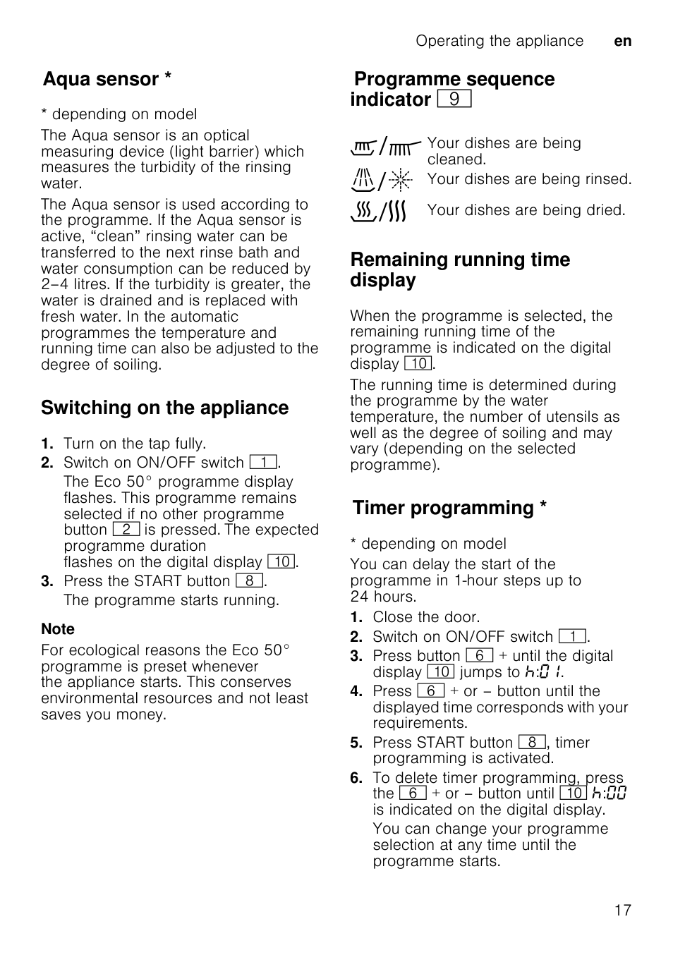 Changing the programme, Intensive drying, Close the door | Switch on on/off switch, Release both buttons, To change the setting, Press start button, 2 cleaning and maintenance, Cleaning and maintenance, Overall condition of the machine | Neff S65M63N1GB User Manual | Page 17 / 35