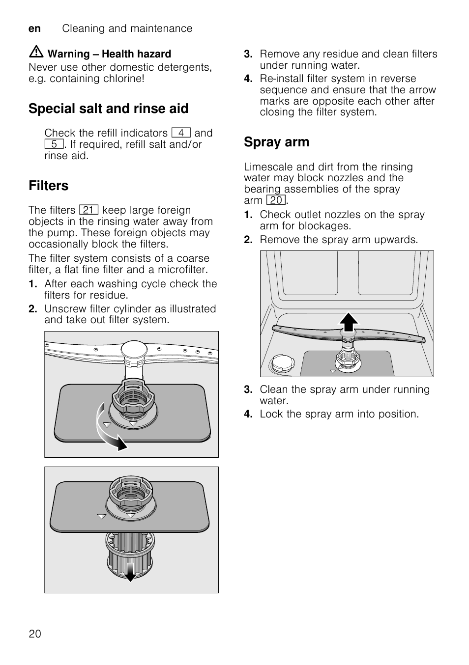 Fault table, Fault, Cause | Remedial action, Special salt and rinse aid, Filters, Spray arm | Neff S65M63N1GB User Manual | Page 20 / 35