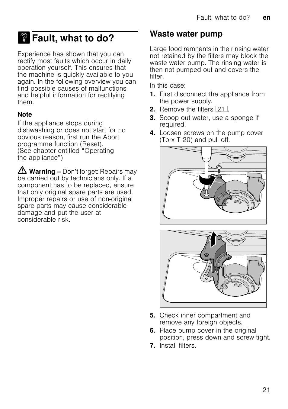 Fault, what to do, Waste water pump | Neff S65M63N1GB User Manual | Page 21 / 35