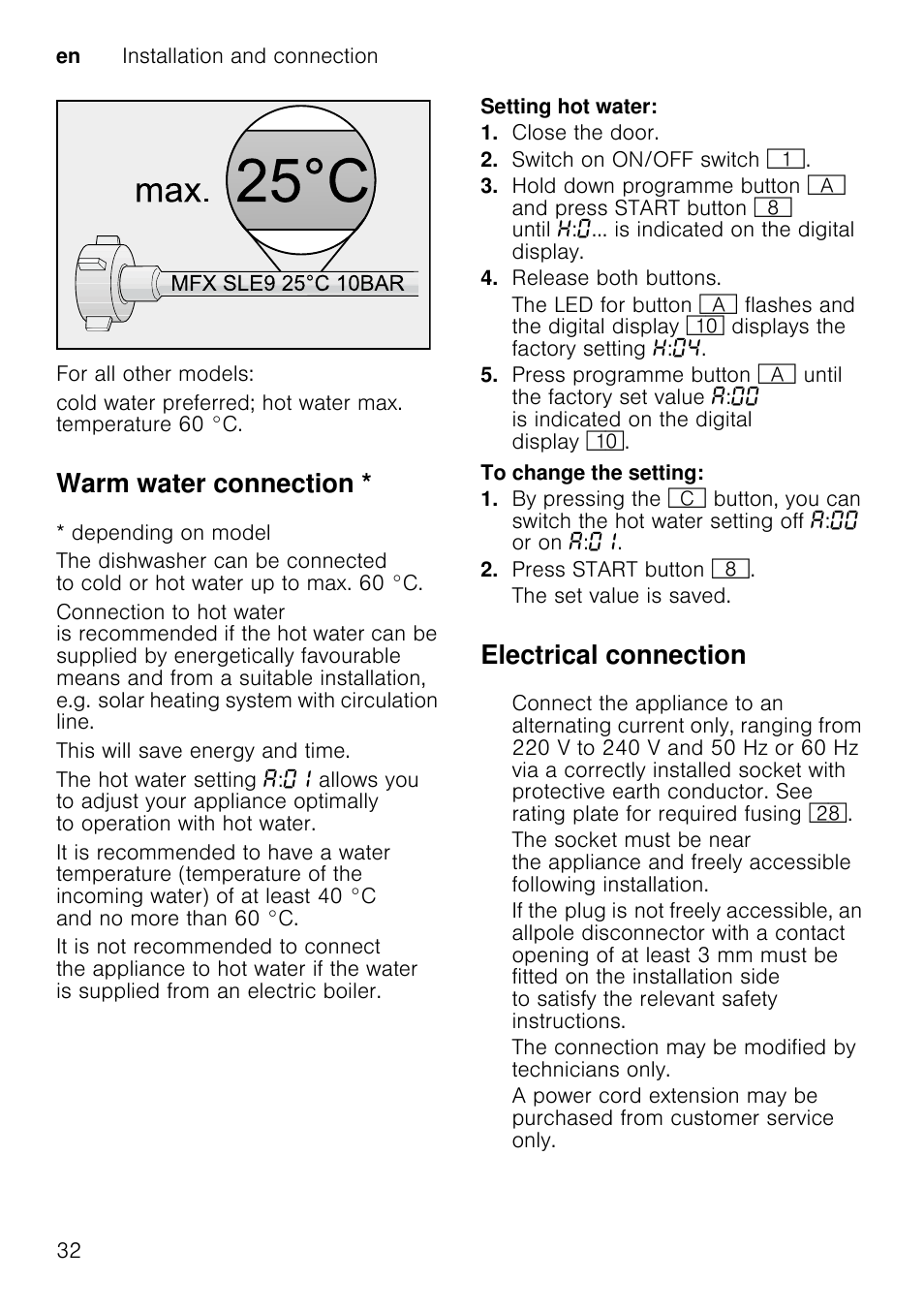 Warm water connection, Electrical connection | Neff S65M63N1GB User Manual | Page 32 / 35