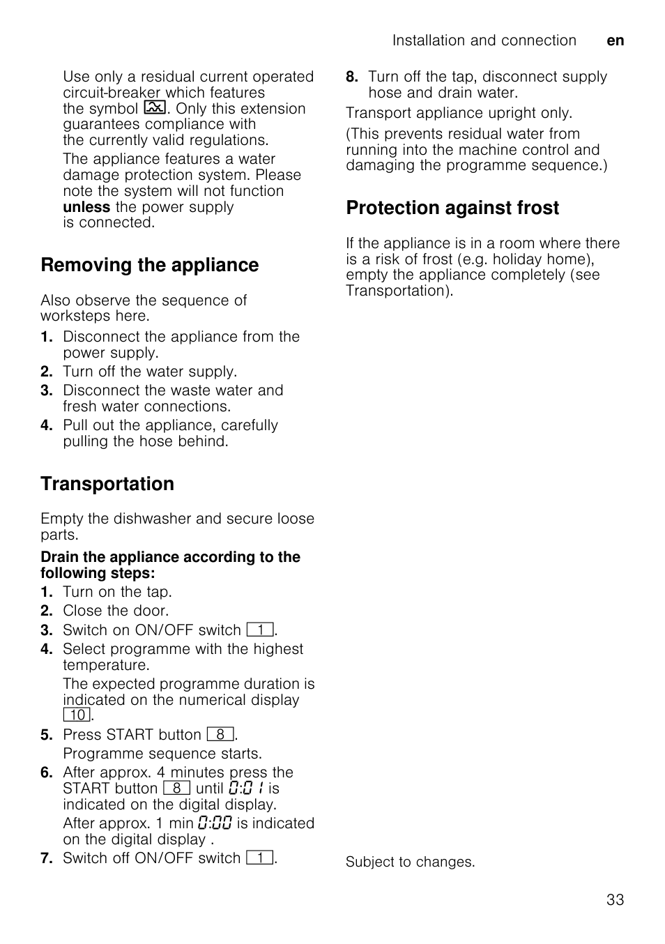 Removing the appliance, Transportation, Protection against frost | Neff S65M63N1GB User Manual | Page 33 / 35