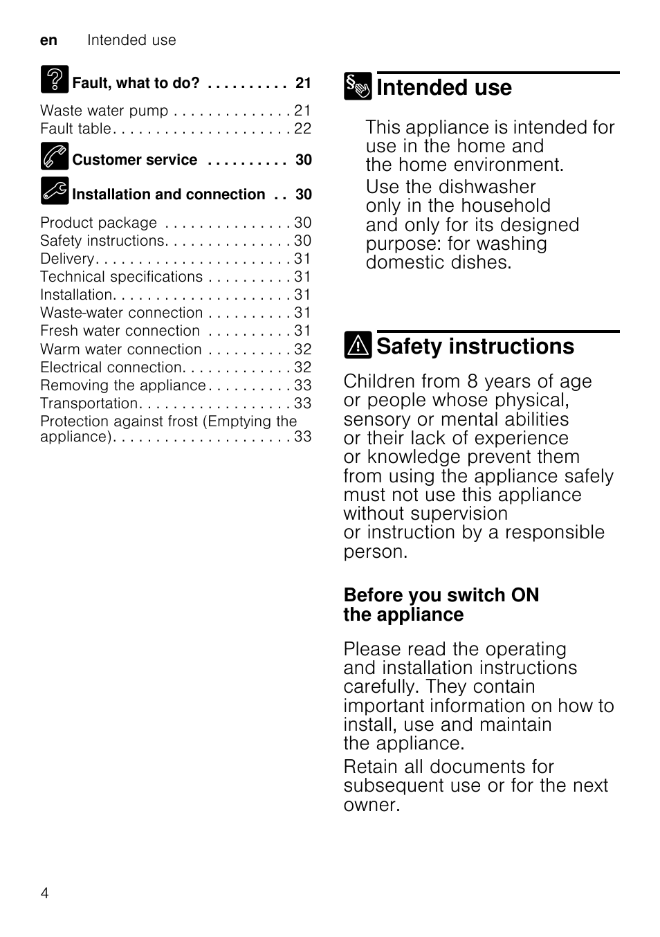 In daily use, Childproof lock (door lock)door lock, Depending on model | Childproof lock (button lock)button lock, Activating the button lock, Start the required programme, Deactivating the button lock, Damage, Intended use, Safety instructions | Neff S65M63N1GB User Manual | Page 4 / 35