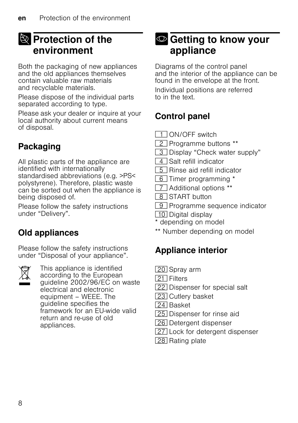 Depending on model, M caution, Rinse aid | Protection of the environment, Getting to know your appliance | Neff S65M63N1GB User Manual | Page 8 / 35