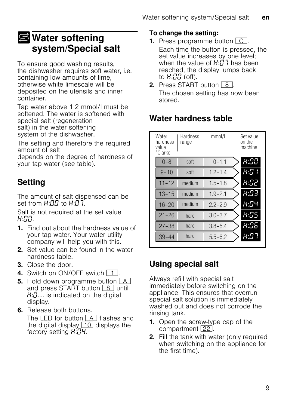 Close cover until it clicks shut, Setting amount of rinse aid, Close the door | Switch on on/off switch, Release both buttons, To change the setting, Press programme button 3, Press start button, Switching off rinse aid refill indicator, Utensils | Neff S65M63N1GB User Manual | Page 9 / 35