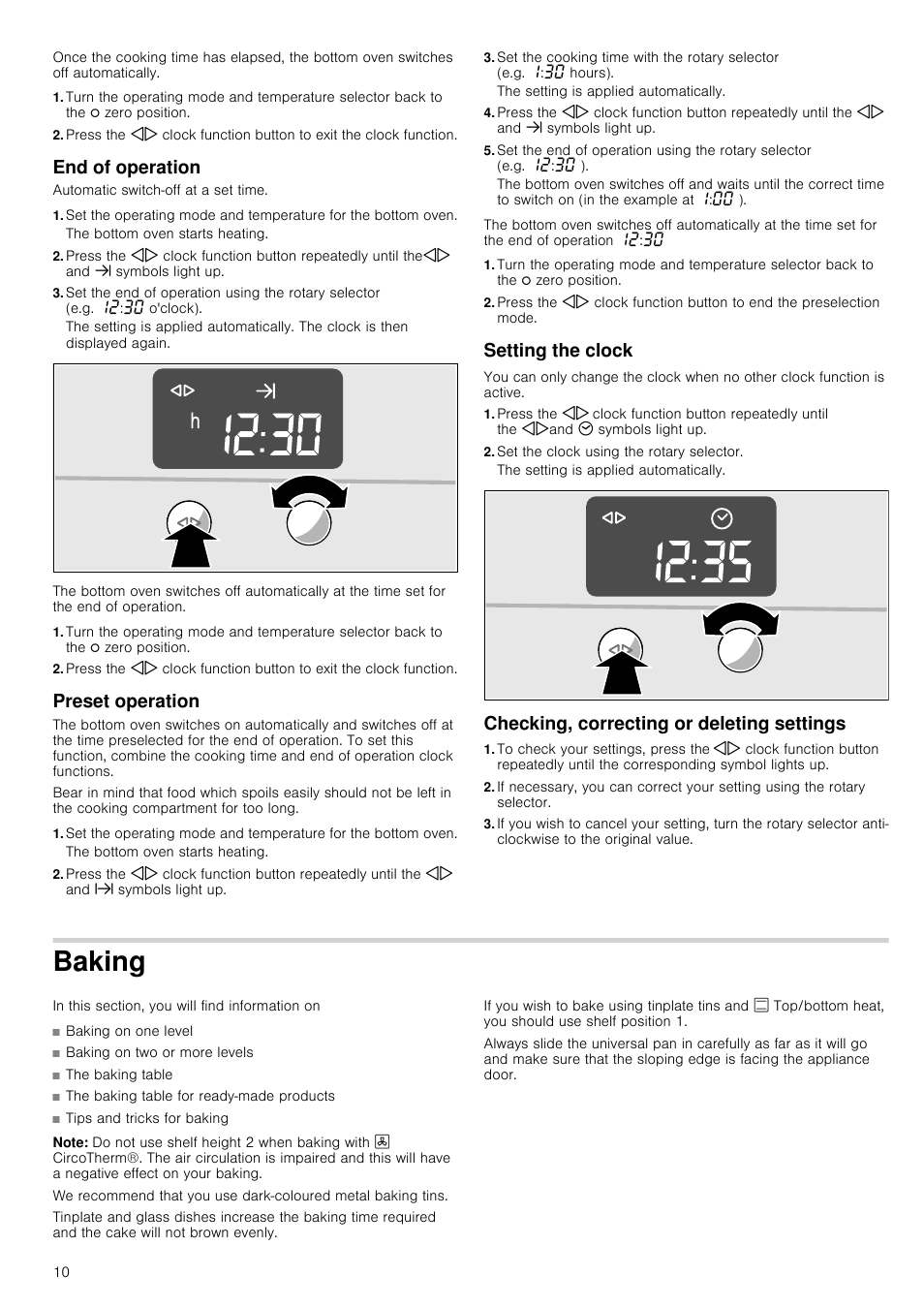 End of operation, Preset operation, Setting the clock | Set the clock using the rotary selector, Checking, correcting or deleting settings, Baking, Note | Neff U14M42N3GB User Manual | Page 10 / 24